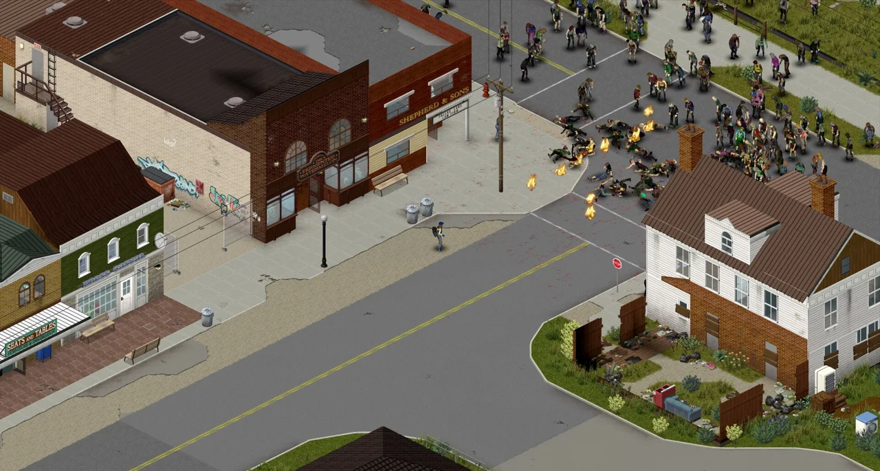Captura de tela oficial do Project Zomboid de sobreviventes e uma multidão de zumbis em uma rua isométrica da cidade